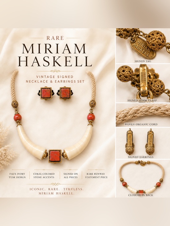 Miriam Haskell Jewelry - Rare Miriam Haskell Signed Faux Tusk Necklace & Earrings Runway Couture